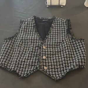 Allegra K Black and White Tweed Fringe Vest